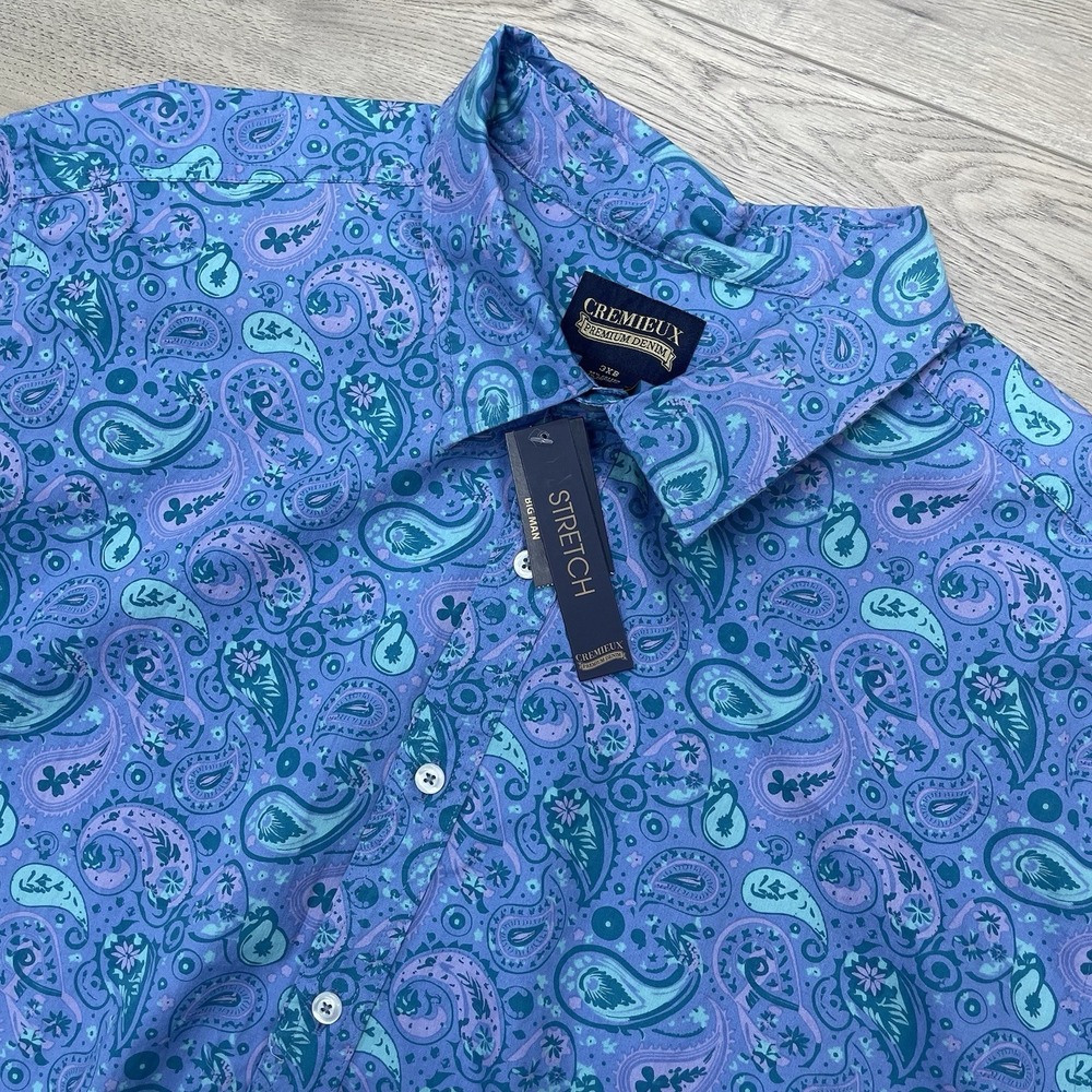 Cremieux Shirt Mens 3XB Big Purple Blue Paisley Short Sleeve Button Up New‎